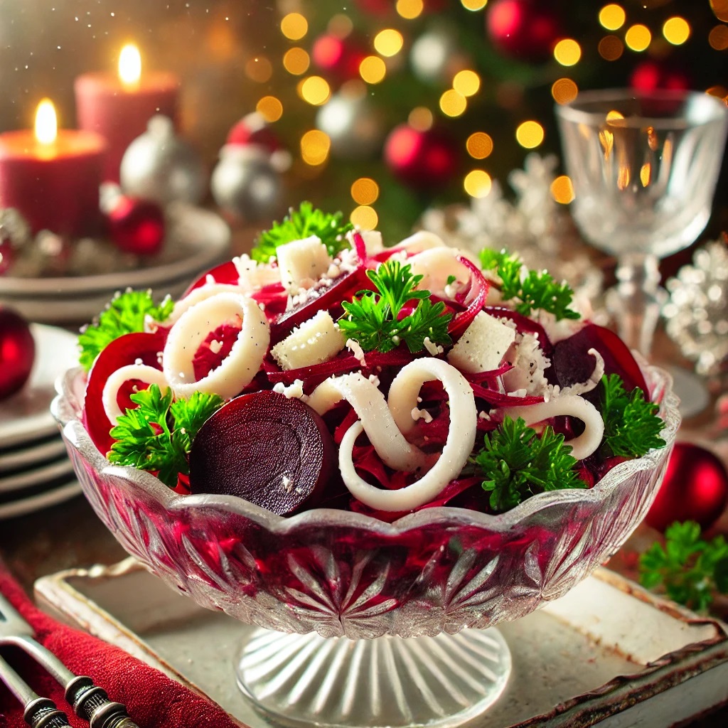 Как удивить гостей на Новый год? Готовим салат из кальмаров и свеклы